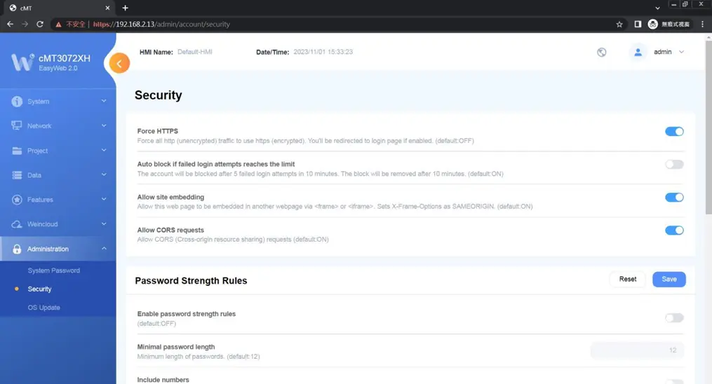EasyWeb Administration tab, Security page.  This is where the settings surrounding web security, password strength and expiration are configured.