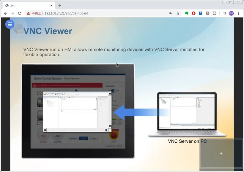 HMI Project showing in WebView. In the top left corner is the menu toolbar, which will bring up the WebView menu.