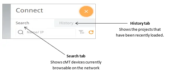 The Connect menu is accessed via the orange + symbol in the top right corner of the cMT Viewer window.