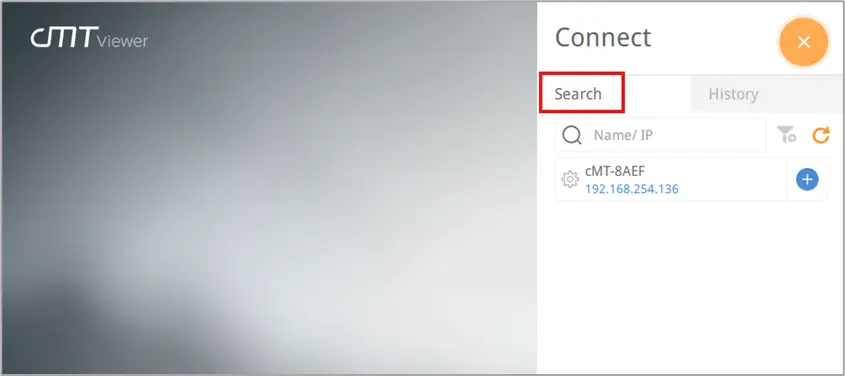 Image of the cMT Viewer window with the connect menu opened up, with the Search tab framed in red.