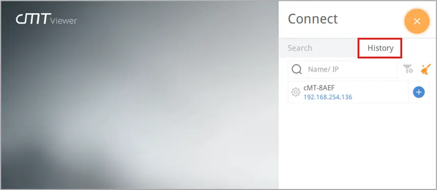 Image of the cMT Viewer window with the connect menu opened up, with the History tab framed in red.