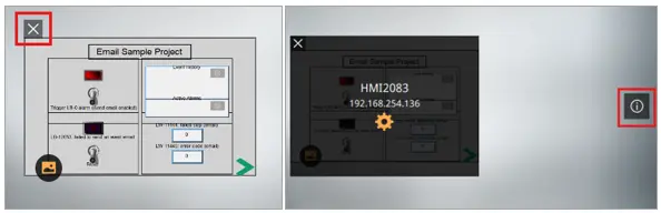 Windows showing the close, information, and setup buttons respectively, in the locations which they reside within cMT Viewer