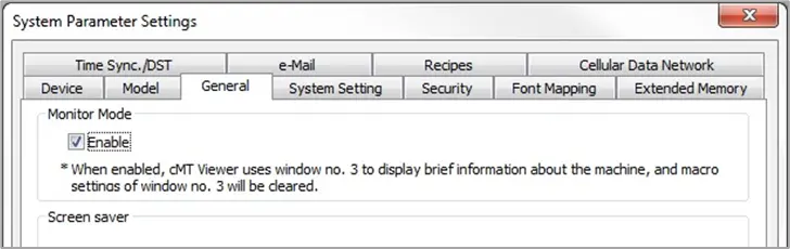 EBPro System Parameters Menu, General tab. At the top of that tab is Monitor Mode. Check the box to enable Monitor Mode.