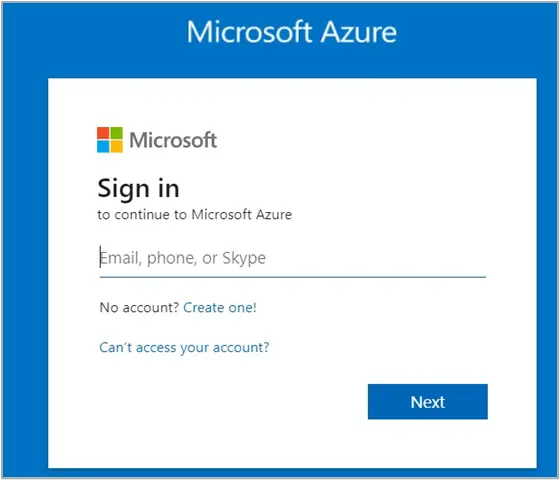 Azure Registration and Login page Azure sign-in screen. Log into your Microsoft Azure account if you have one, or register for an Azure account if you do not.