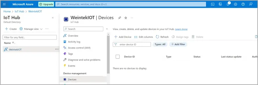 Adding new IoT device Adding a new Device to the IoT hub by clicking the + sign