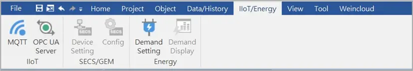IIOT/Energy Ebpro Toolbar Image of the EBPro IIOT/Energy toolbar, showing the MQTT and OPC UA Server icons. To create a new Azure IoT hub server device, select the MQTT option to open the settings page.