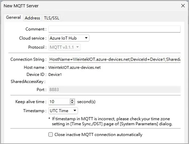 EBPro Azure IoT Hub settings Configure the Azure IoT Hub connection settings in the General tab