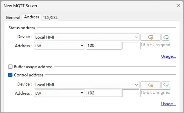 Address tab configuration MQT Server, Address tab. This is the settings for the status, buffer and control address configuration.