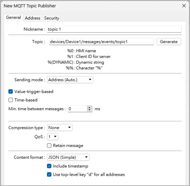 Publishing with Azure EBPro Publishing General tab with JSON (simple) content format.