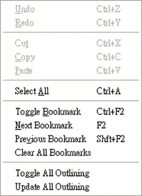 Popup menu shown when right-clicking in the editing window. Available operations are black, and unavailable or disabled operations are greyed out.