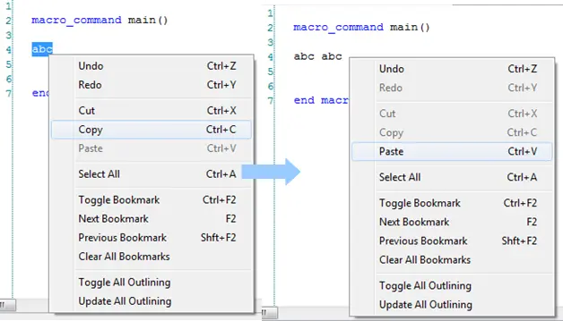 Standard operation of Cut/Copy/Paste functions.  Select a word in the editor to enable the [Cut] and [Copy] function. After [Cut] or [Copy] is performed, [Paste] function is enabled.
