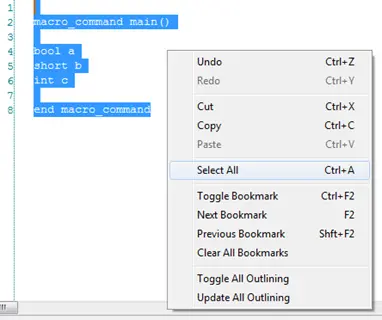 Select All works the same as in standard word processing programs: all the content in the edit area is selected.