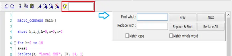 Macro editor provides Find and Replace features.  