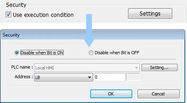 Macro Security:  The macro can be controlled by a separate bit within the HMI or PLC.  The security can be set with the bit ON or OFF status.