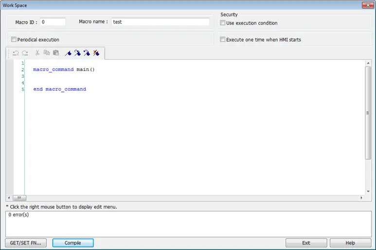 Blank Macro Workspace window.  This is where the macro code is placed.  