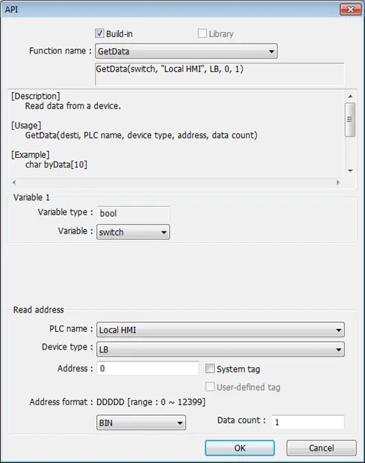 EBPro Macro API dialog. This is where you can select from a large amount of existing macro commands.