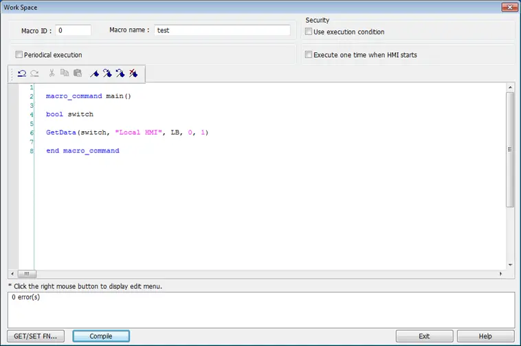 Macro Workspace with simple macro in it, compile button pressed and 0 errors shown in the message window at the bottom.