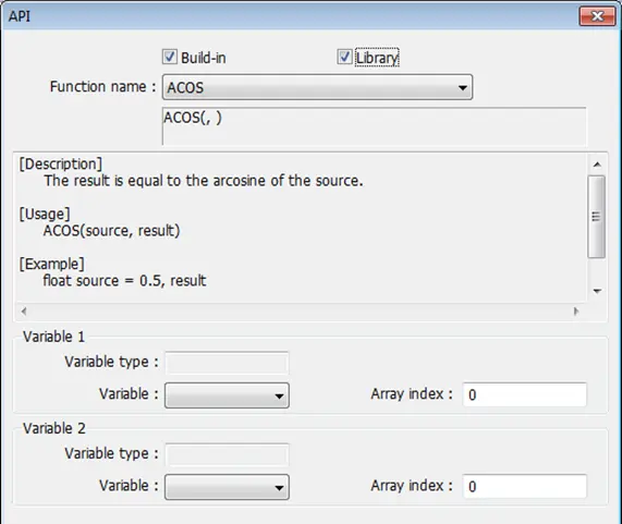 API Function Selection, can chose from built-in functions, library functions, or both.