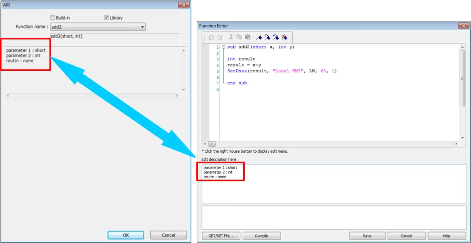 Descriptions matching between the editor and the API dialog.