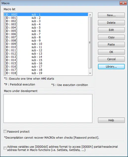 Macro Management Dialog: Library button on the right