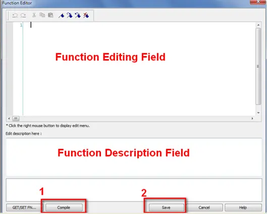 Function Editor: The top field is the function editing field, and the bottom is the function description field.