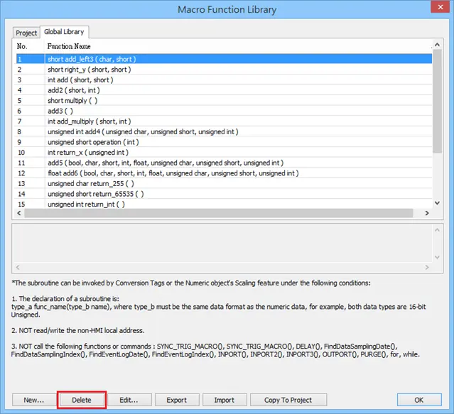 Function Library with Delete button framed