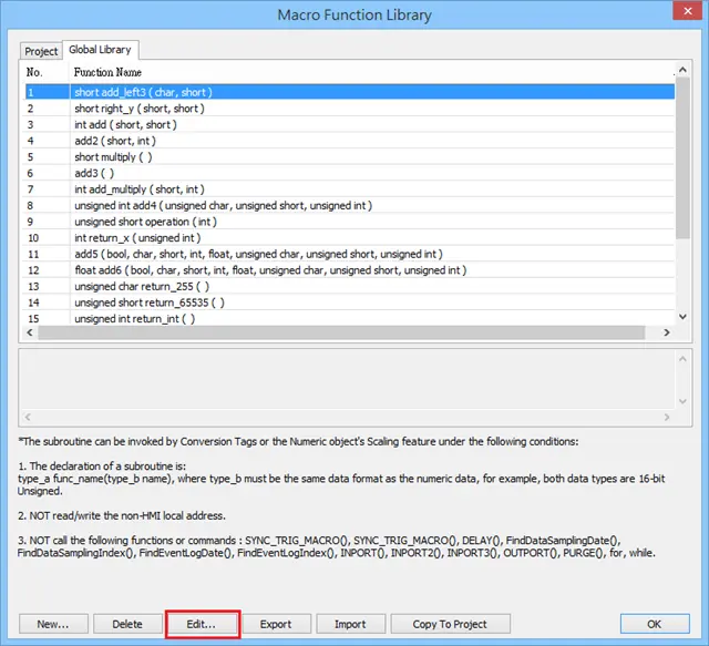 Function Library with Edit button framed. This will allow us to edit the selected function.