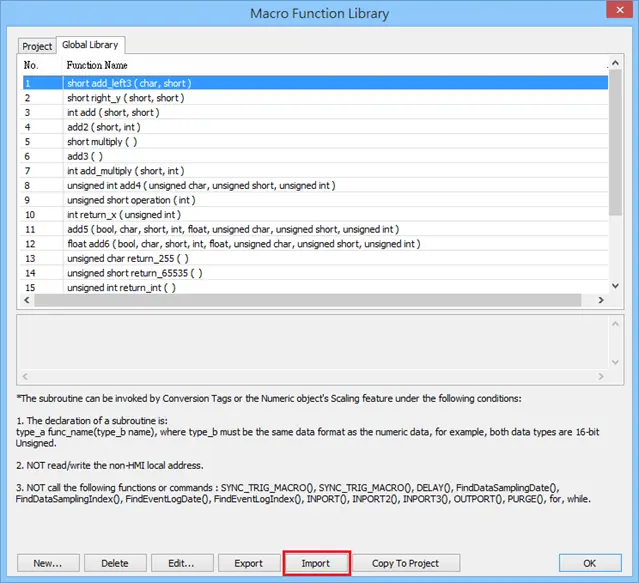 Function Library with import button framed. This allows you to import an existing function via a .mlb file extension.
