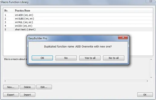 Confirmation popup with options. You will get this when you import a function that already exists in the current library.
