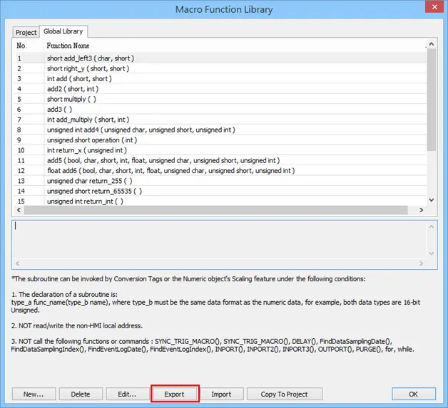 Function Library with export button framed.