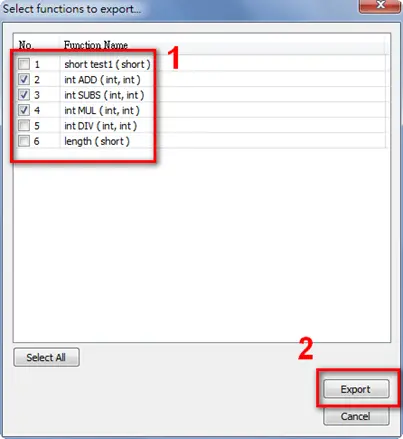 Export Selection Window, with all the functions selected to be exported.