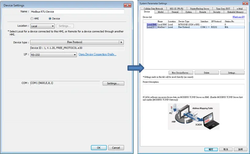 EBPro System Parameters, Device tab.  Click 'New Device' and 'Free Protocol' as device type.