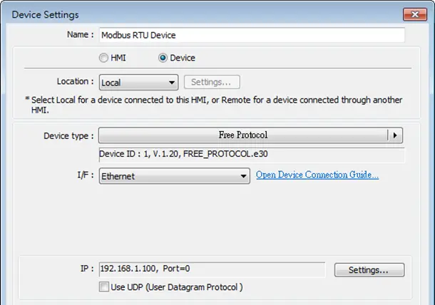 Interface options I/F dropdown for Free Protocol device type can change between RS232/485/422/Ethernet. The Interface should match the device you are connecting.