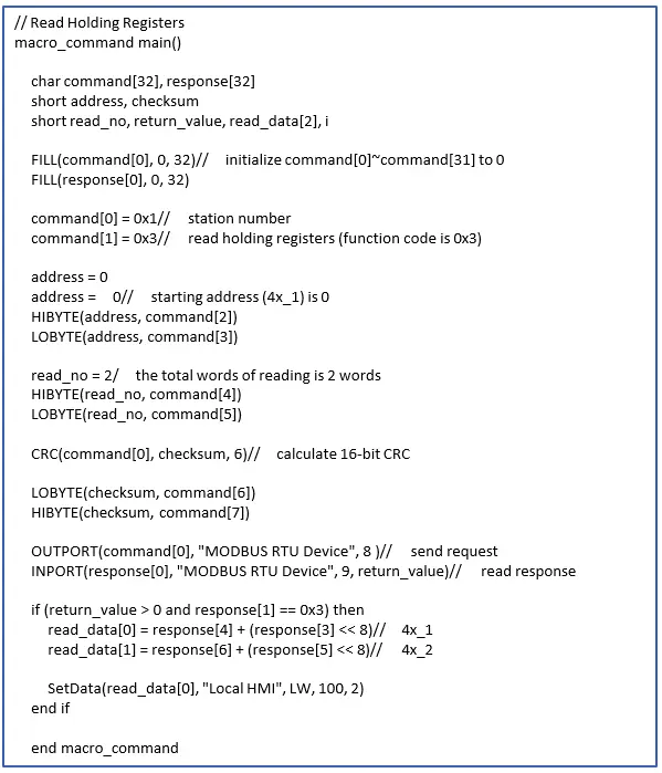 Entire sample macro of reading holding register Complete macro to read holding registers and then transfer data to local HMI memory