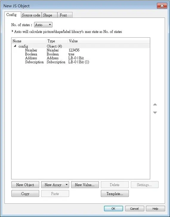 EBPro - New JS Object, Config tab. This is where the baes config of the object is defined.