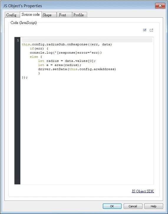 EBPro JS Object, Source Code tab. The source code is written in JavaScript, and determines the runtime behavior of the JS Object.