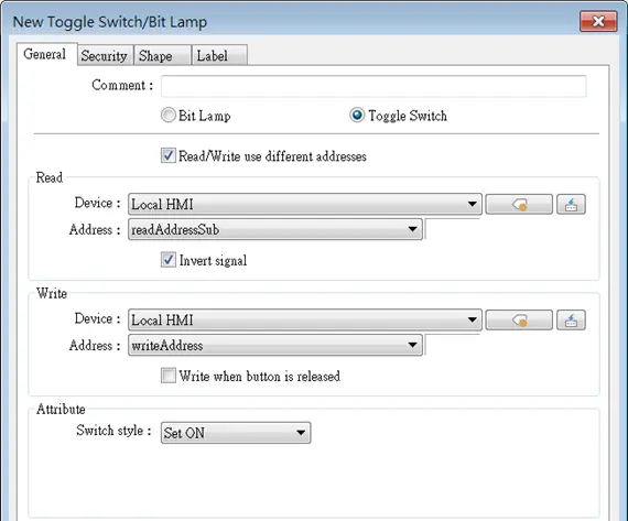 Example usage of a JS Object in the Read and write address portions of a toggle switch/bit lamp object.