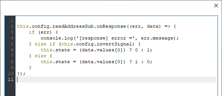 EBPro JS Object - code snap of source code tab for the "invert signal" operation