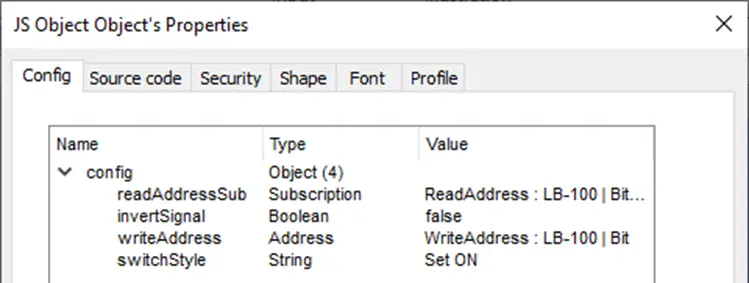 EBPro JS Object, Config tab (Toggle switch on mode)