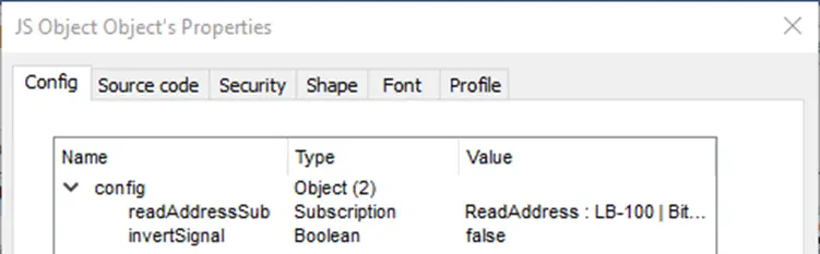 EBPRo JS Object - Config tab.  The configuration here reads the designated address and inverts the signal.