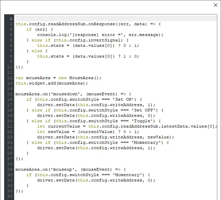 EBPro JS Object, Source Code Tab, momentary toggle mode
