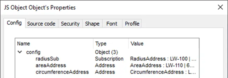 EBPro JS Object Config tab for circle.js operation