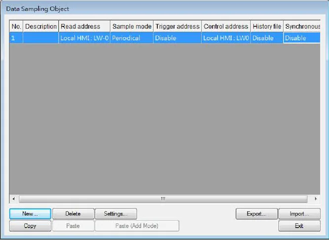 EBPro Data Sampling Object List.  This is the Main menu for the Data sampling Objects in EBpro, and houses both time and trigger-based samples.