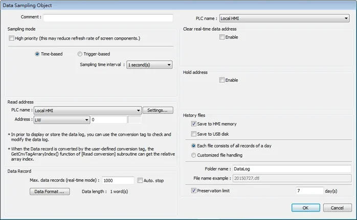EBPro Time-Based Data Sampling Object.  Time based sampling objects sample on a specific frequency from 0.1 seconds to 120 minutes.
