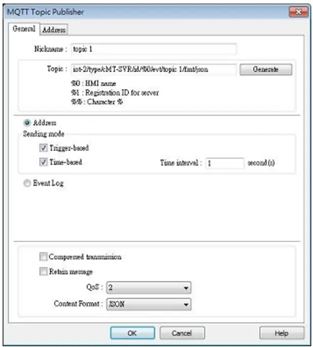 MQTT Topic Publisher, General tab.  This is where the general settings of the Topic are configured.