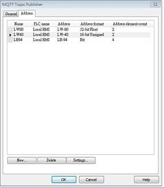 MQTT Topic Publisher, Address tab. This tab allows for creation, editing and deletion of addresses for the source of the topics.