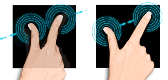 Visualization of pinching and zooming operations to illustrate how to zoom in and out on a cMT / cMT X Series trend graph
