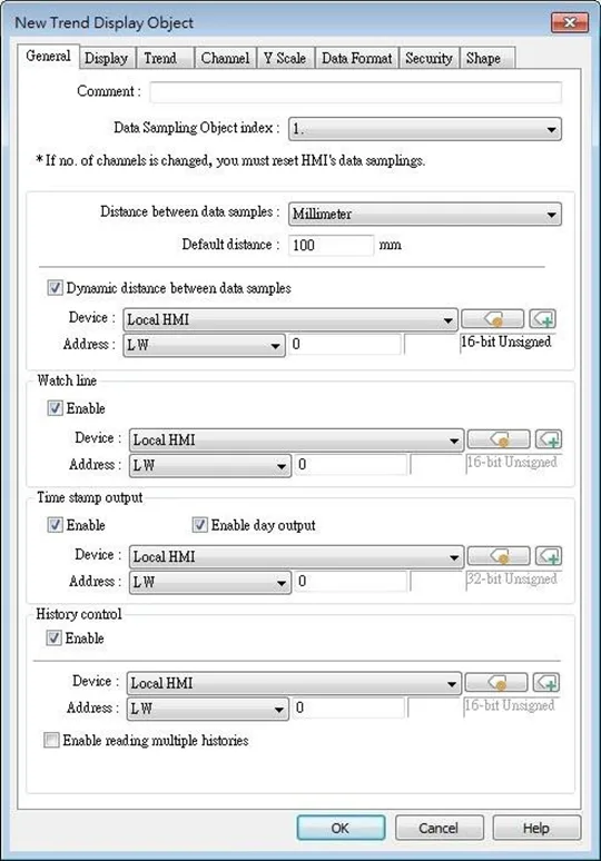 EBPro Trend Display Object, General tab.  Trend Display Objects are created from the Date/History toolbar.