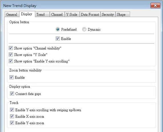 EBPro Trend Display Object, Display tab.  This is where the visibility and configuration options of the trend graph itself are defined.