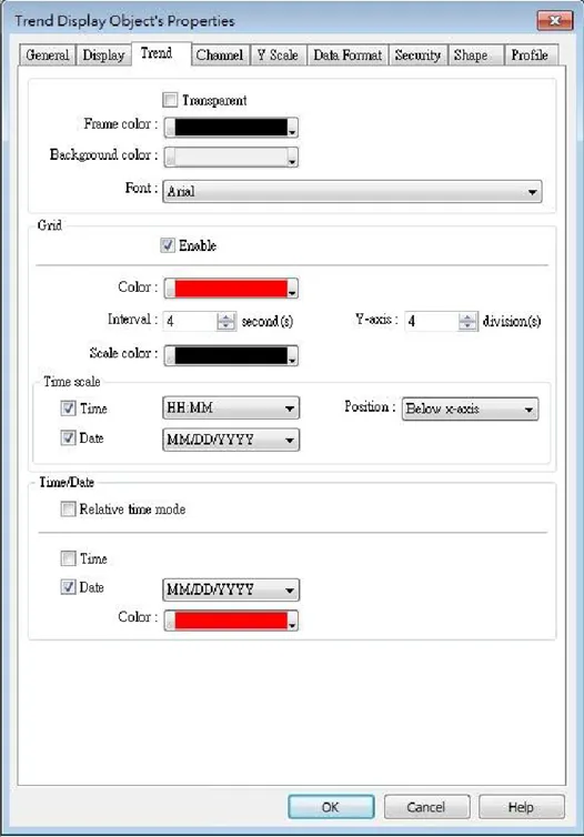 EBPro Trend Display Object, Trend tab.  This tab is where the configuration of the frame/background, grid and scaling is done.